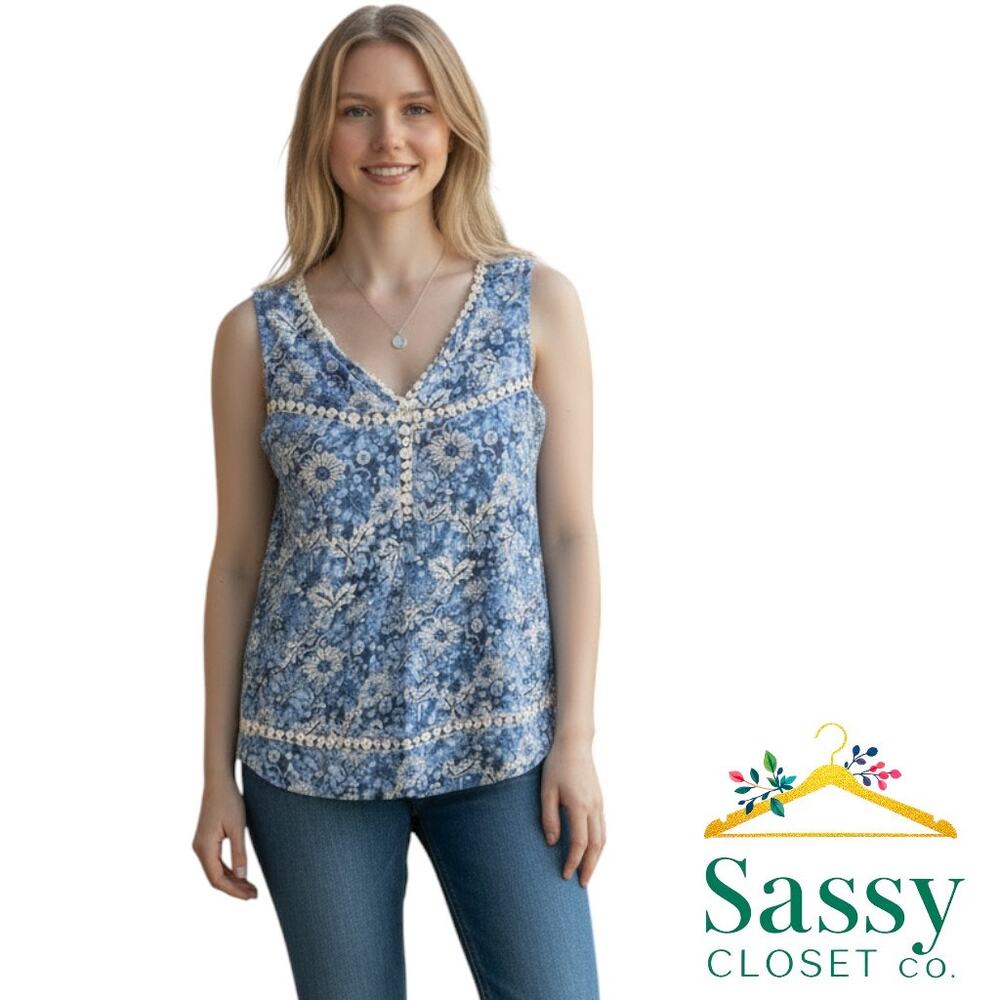 Lucky Brand Blue White Floral Sleeveless Top S